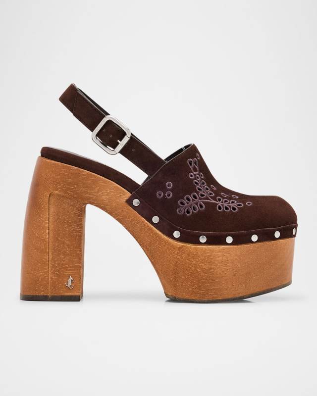 Alida Embroidered Suede Platform Clogs